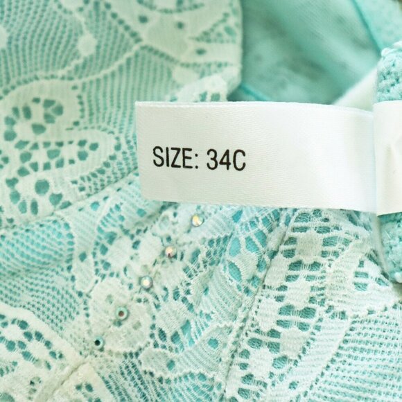 On Gossamer Aqua Lace Crystal Trim Underwire Bra w Thong Panties Set NEW 34C / L - Picture 3 of 4